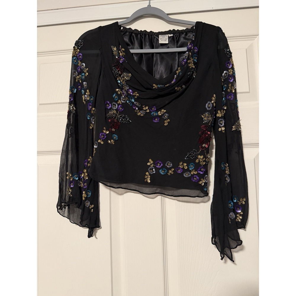 Vintage‎ Silk Y2K Floral Sequin Top Black Bell Sleeve Sheer Witchy Whimsigoth